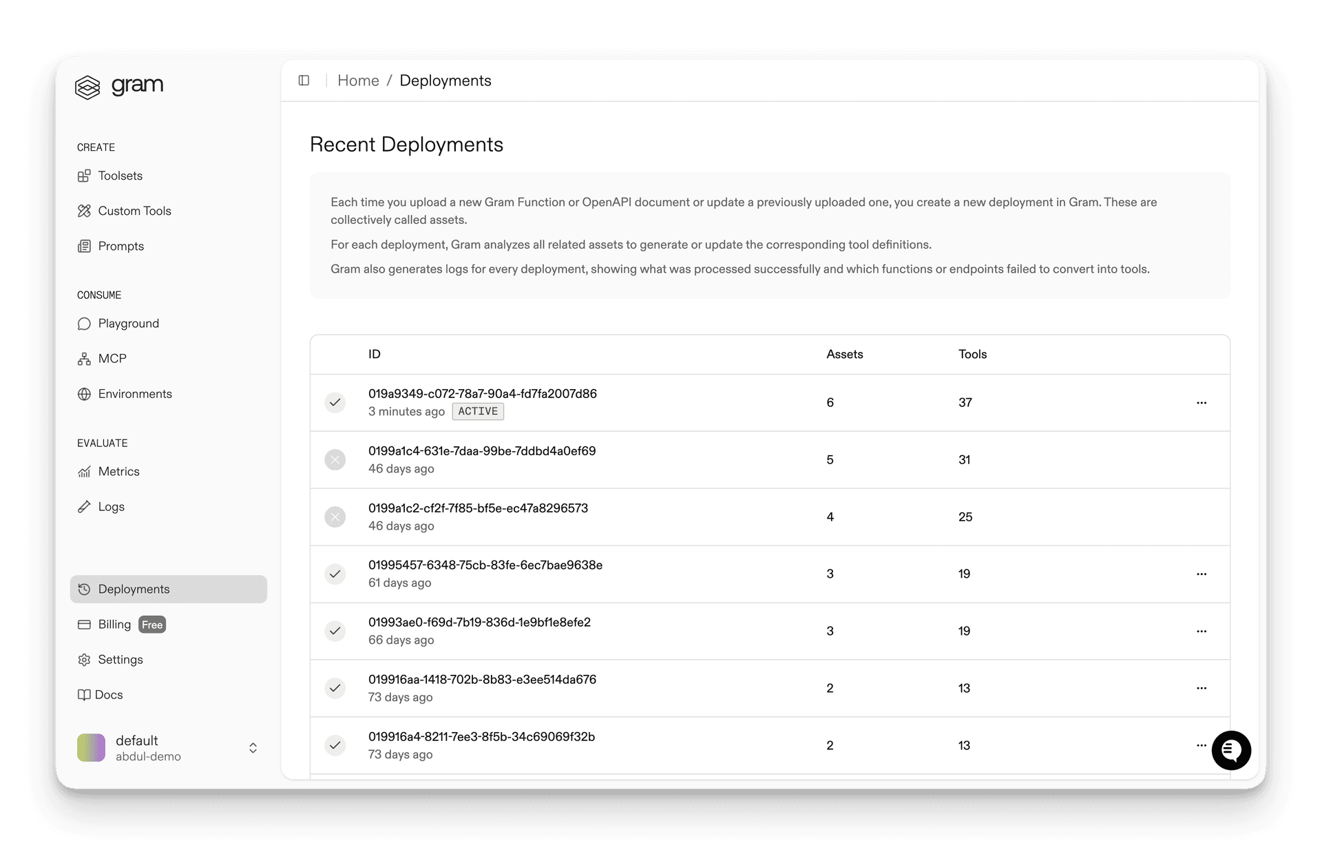 Deployments page