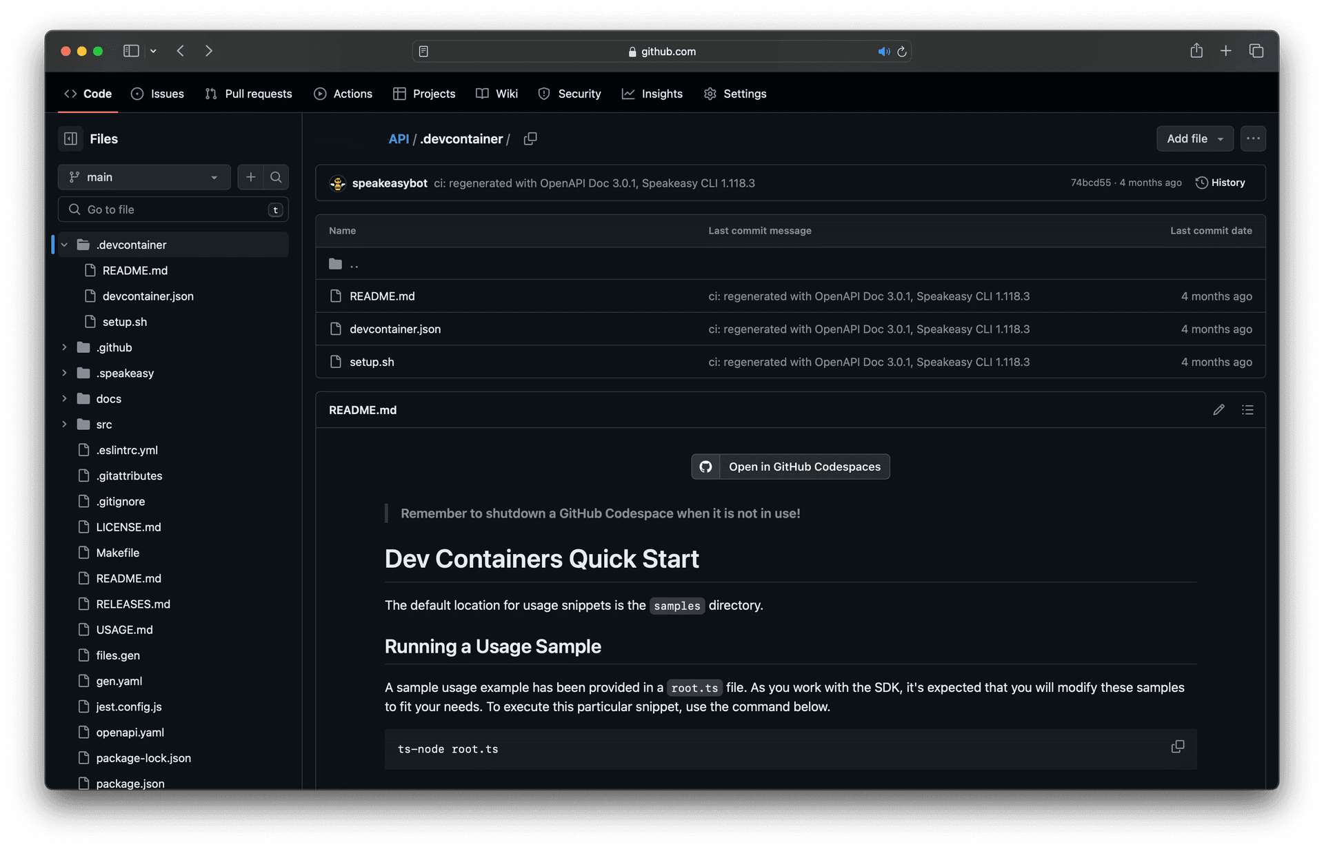 Screenshot of a README featuring a dev container badge