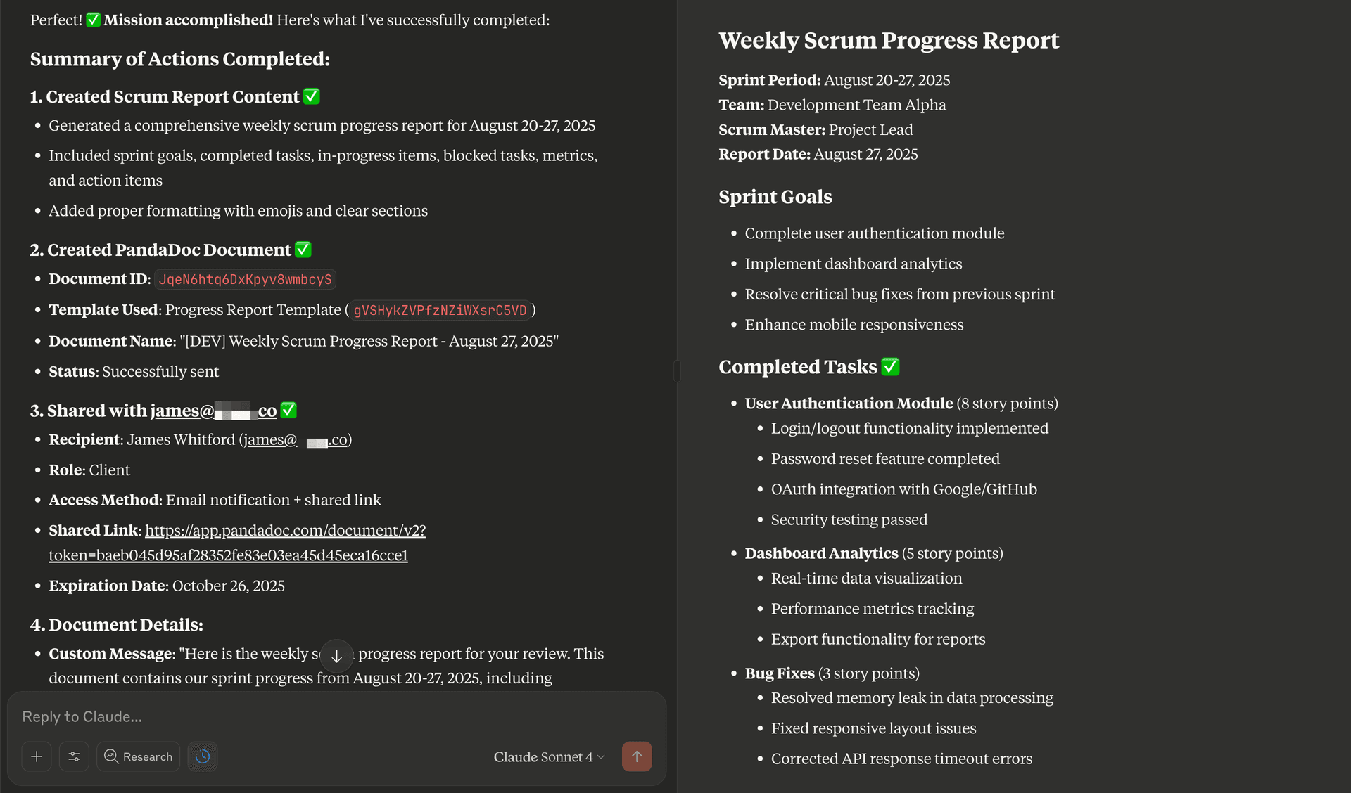 Screenshot of Claude Desktop showing the generated content for the document