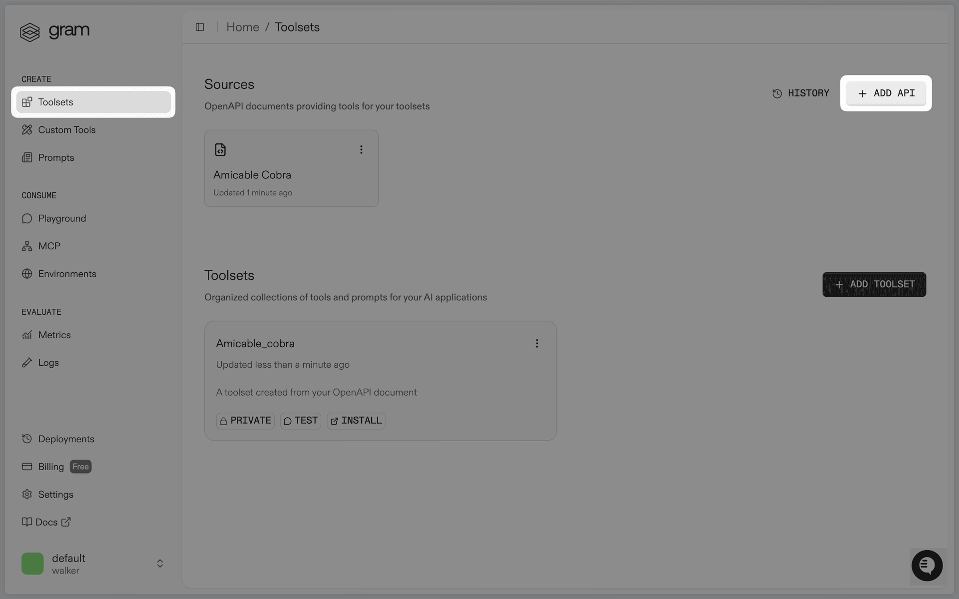 Add API from the Toolsets page in Gram
