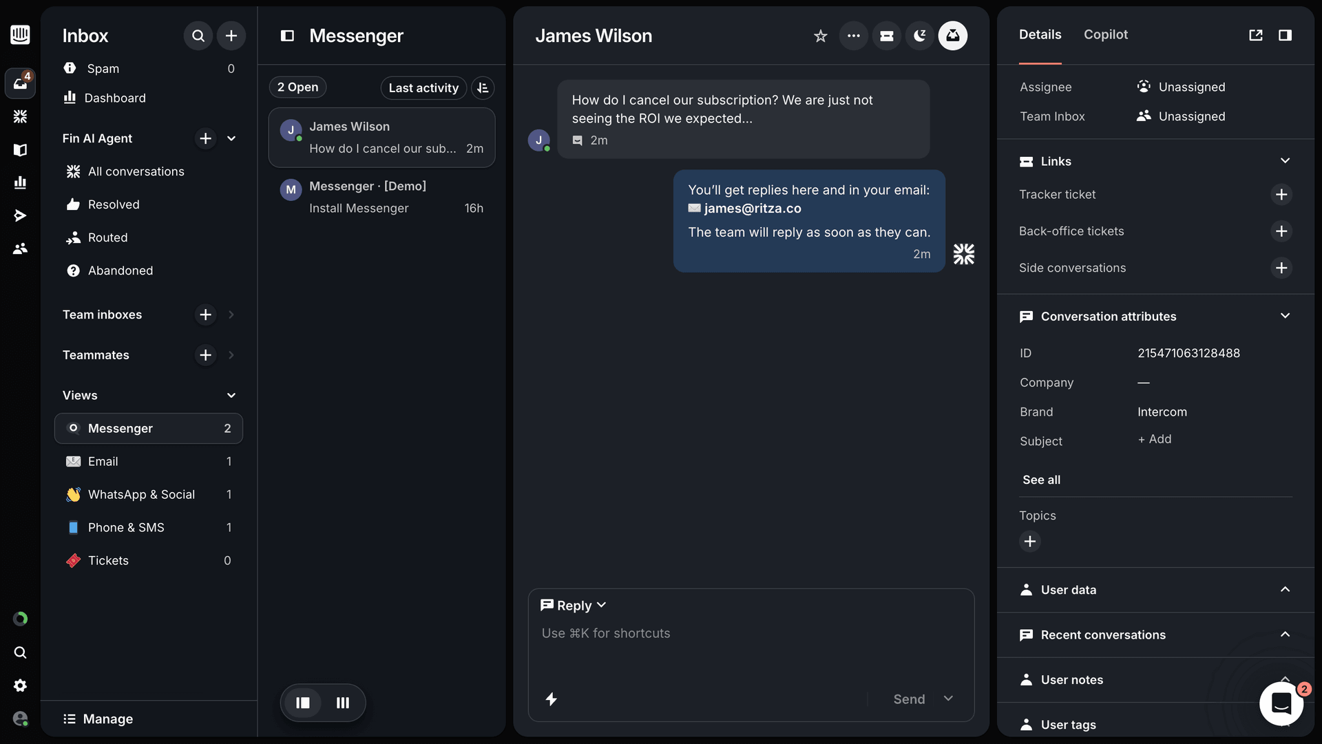 Intercom inbox showing multiple conversations with varying customer health signals