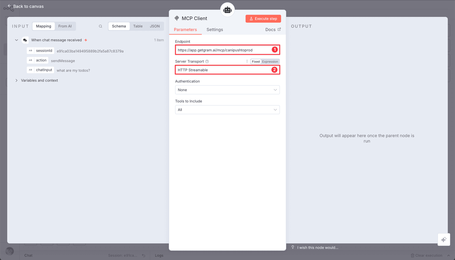 Screenshot showing the MCP configuration in n8n