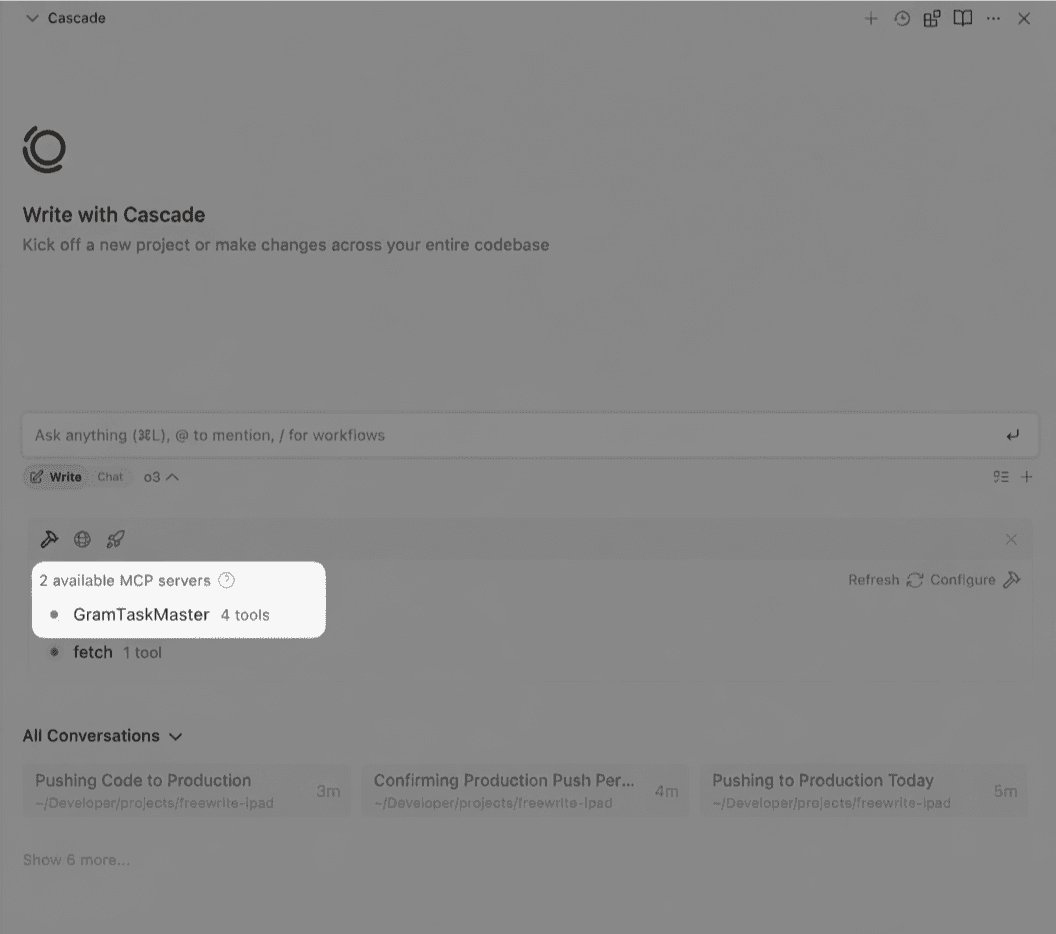 Screenshot showing the MCP server successfully installed in Windsurf