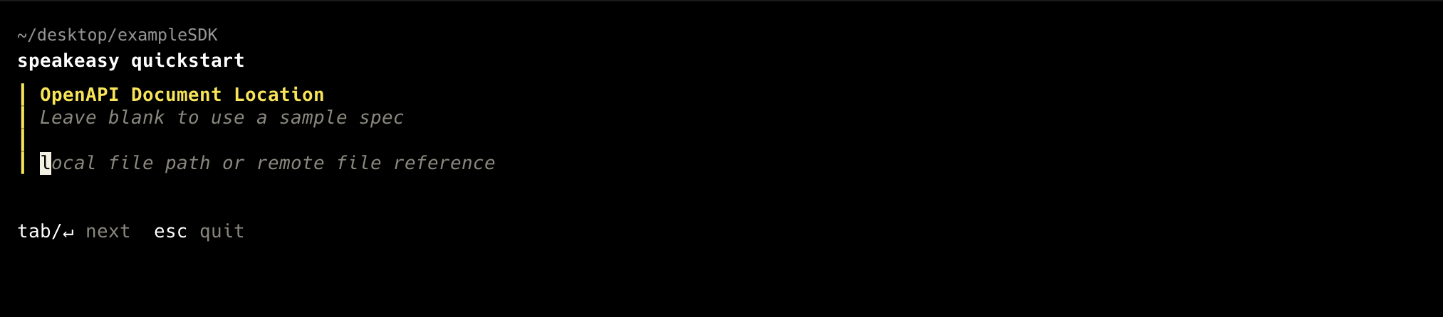 Screenshot of the terminal after running speakeasy quickstart.