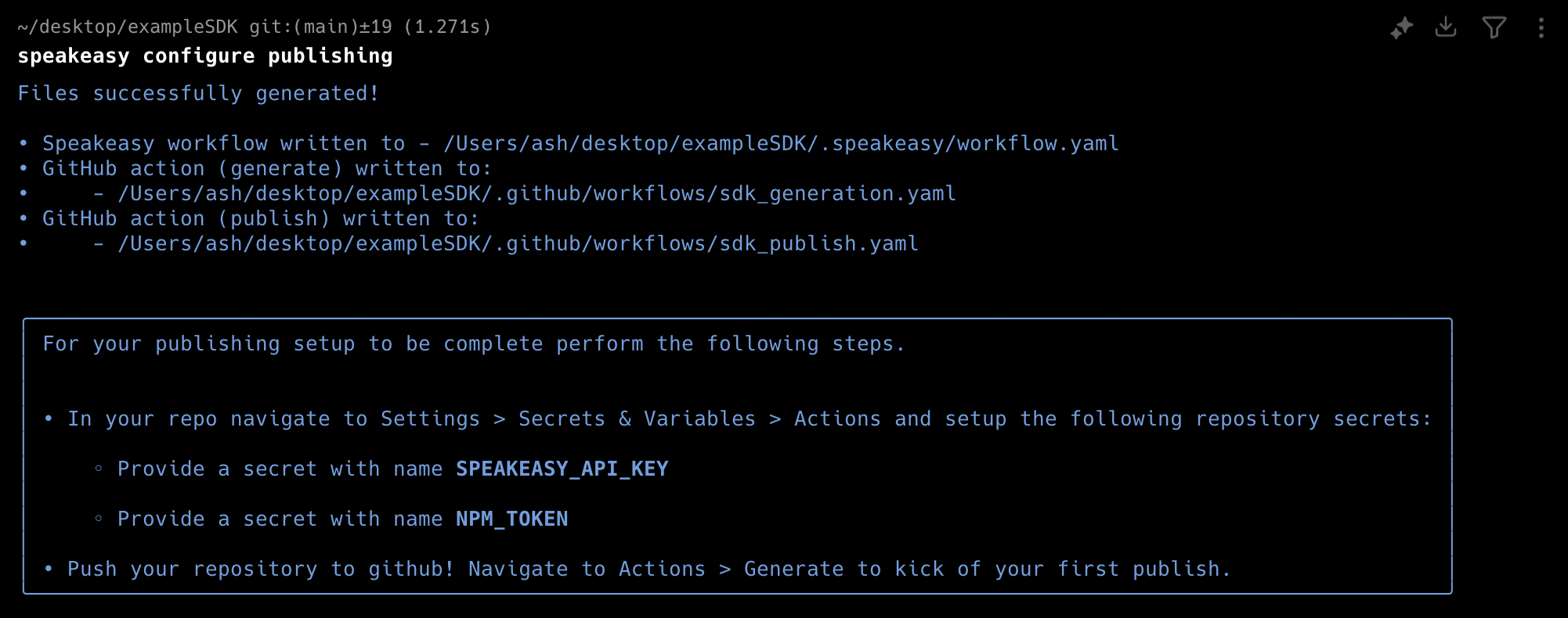 Screenshot of the terminal after running Speakeasy configure publishing.